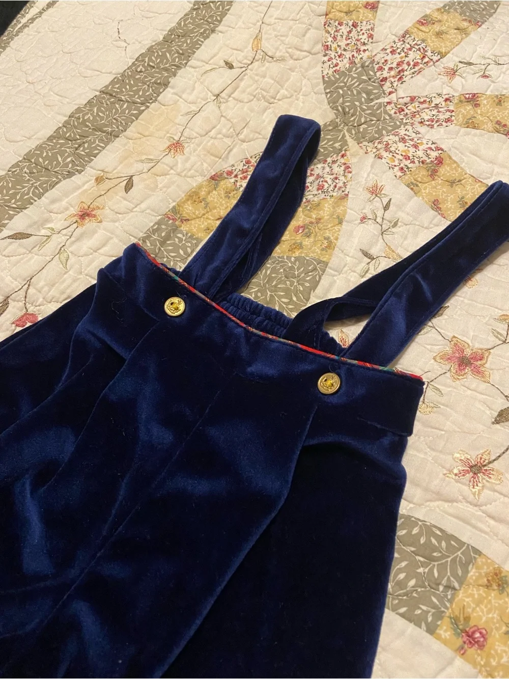 Vintage Blue Velvet Baby Overalls with Plaid Bear Design Size 6-9 Months Unisex